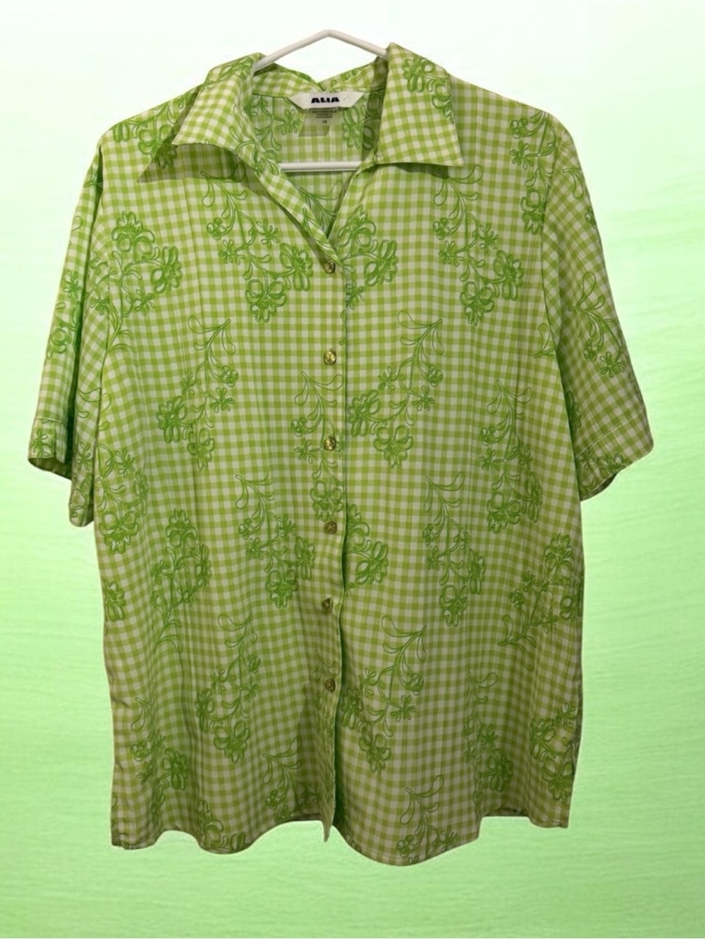 ALIA Lime Green Gingham Floral Print Short Sleeve Collared Shirt Size 16